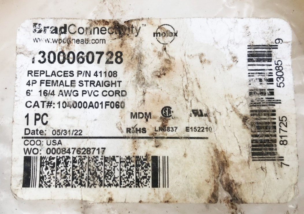 New Brad Connectivity 1300060728 Cordset 4P Female Straight 6FT 16/4 AWG 41108