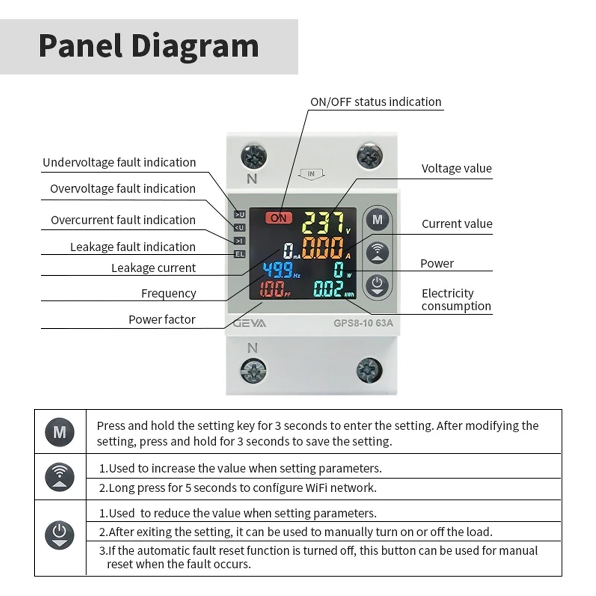 GEYA Tuya WIFI Kwh Metering Voltage Current & Leakage Protection 63A 80A AC220V